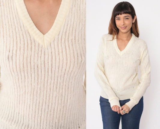 70s Terry Cloth V-Neck Sweatshirt Cream Ribbed Pullover XS