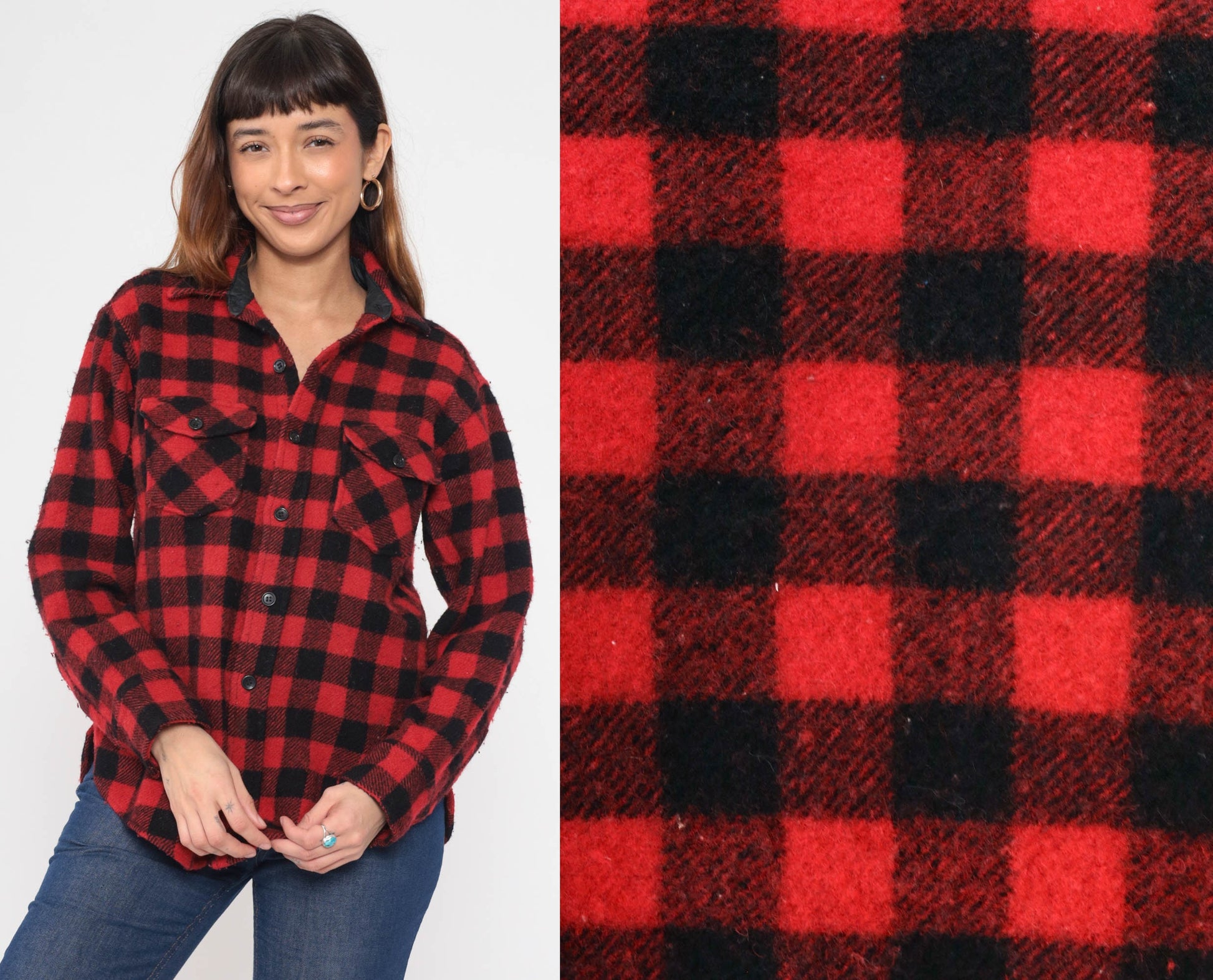 80s Woolrich Buffalo Plaid Wool Shirt Red Black Button Up Medium