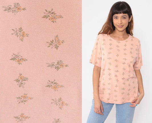 90s White Stag Peach Floral Graphic T-Shirt All Over Print Medium Large