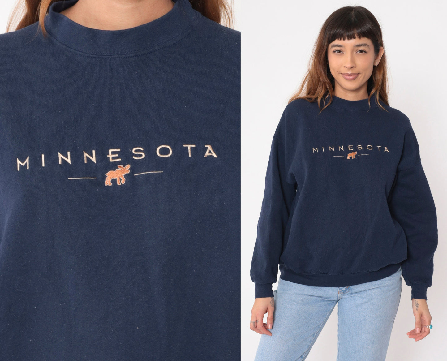 90s Minnesota Moose Embroidered Navy Sweatshirt Crewneck Pullover Large L