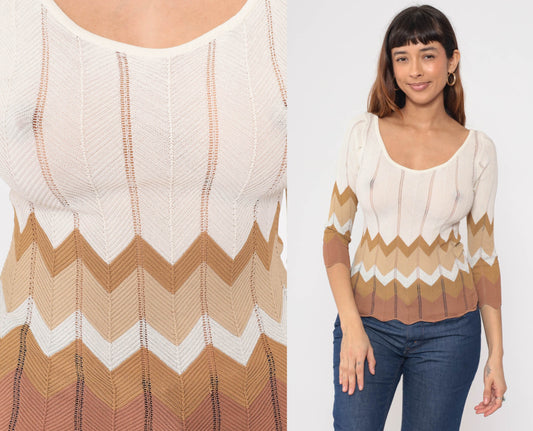 90s Zig Zag Knit Top Striped Scalloped Pointelle Sweater White Brown Small