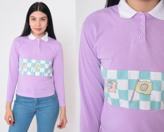 80s Purple Checkered Flag Graphic Polo Shirt Long Sleeve XXS