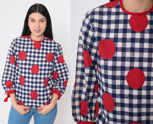 60s Mod Gingham Polka Dot Puff Sleeve Blouse Blue White Red Bow Cuffs Small