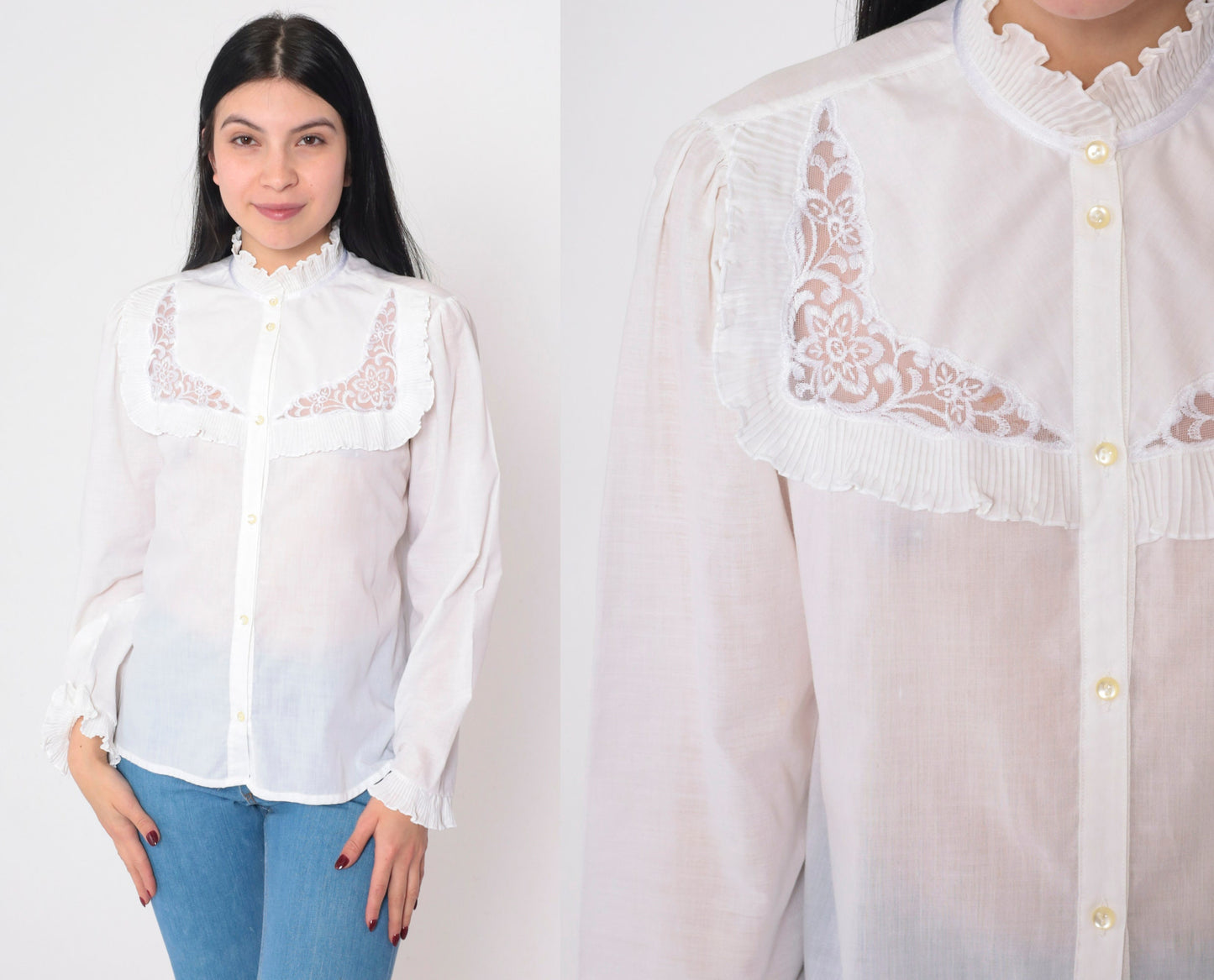 80s White Victorian Blouse Puff Sleeve High Neck Floral Embroidered Small