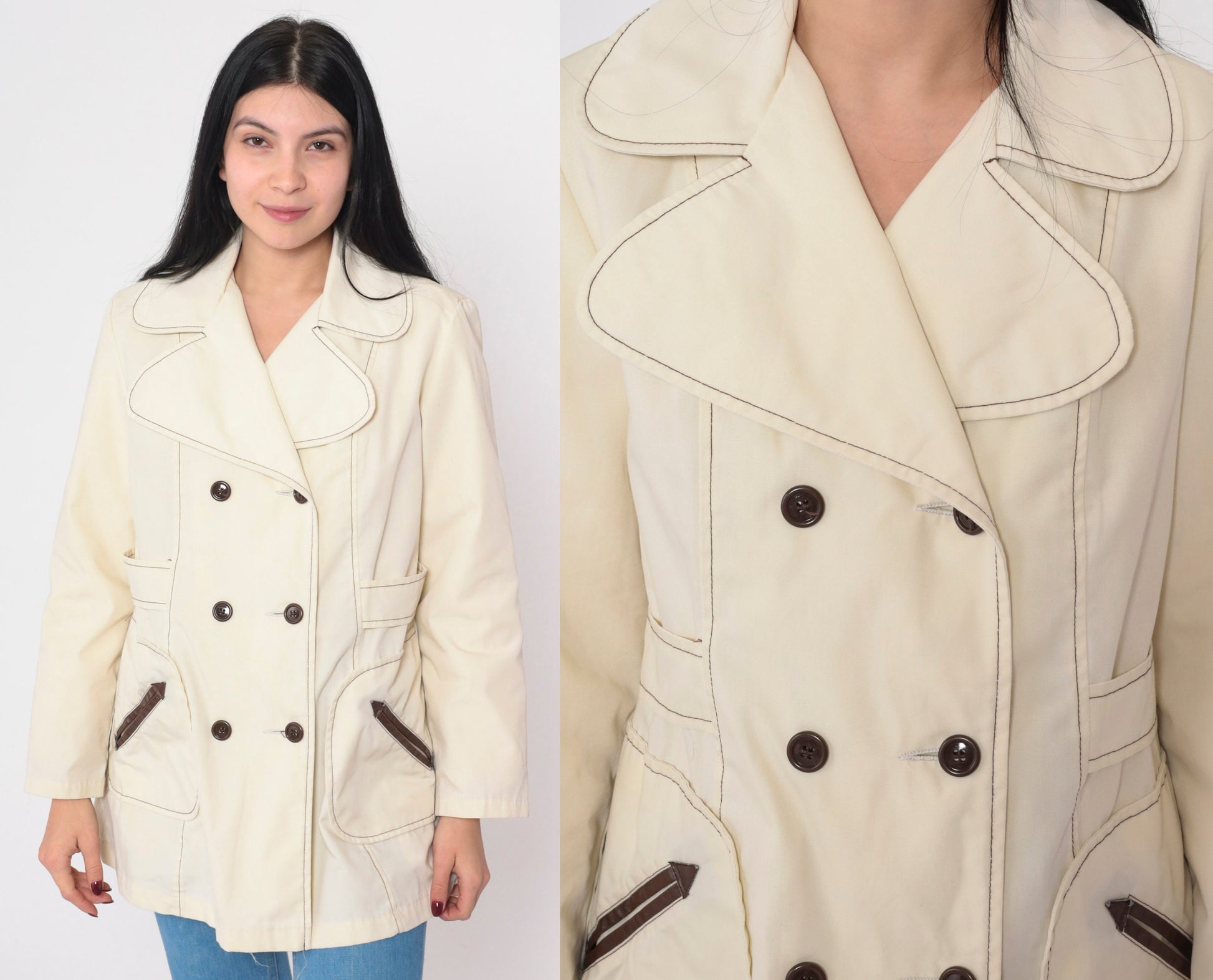 70s Cream Pea Coat Double Breasted Faux Fur Lined Sailor Jacket Extra Small