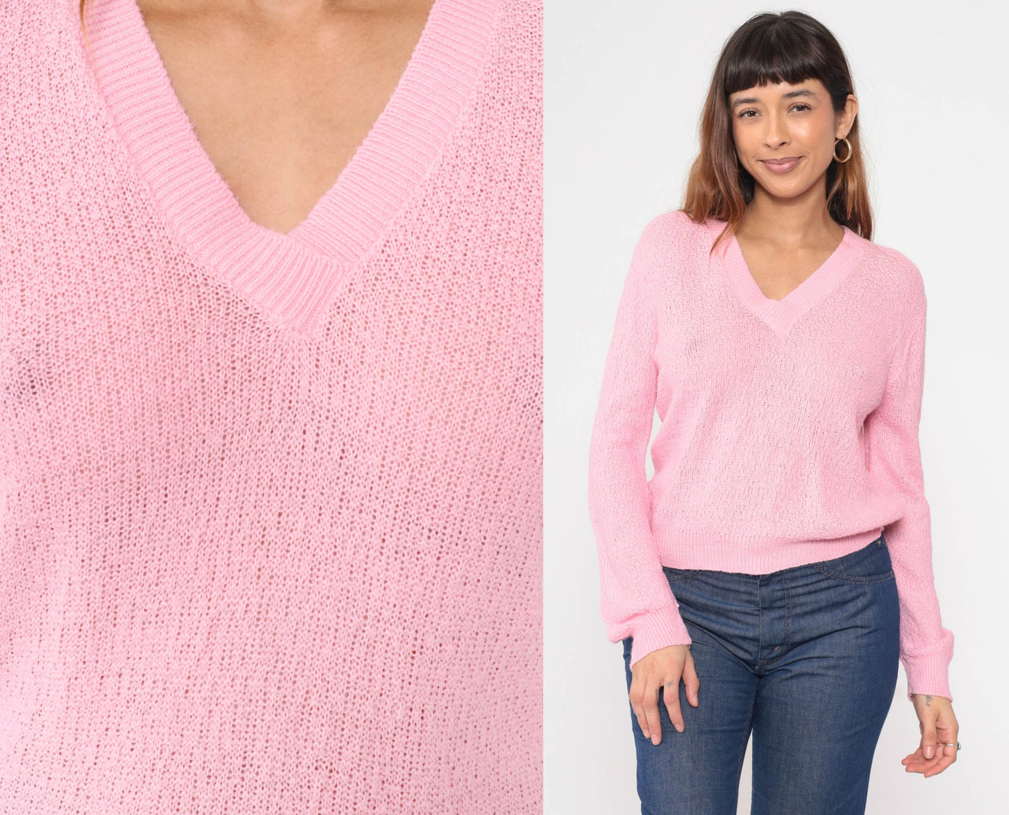 80s Bel Ami Pink V-Neck Knit Sweater Semi-Sheer Pullover Small