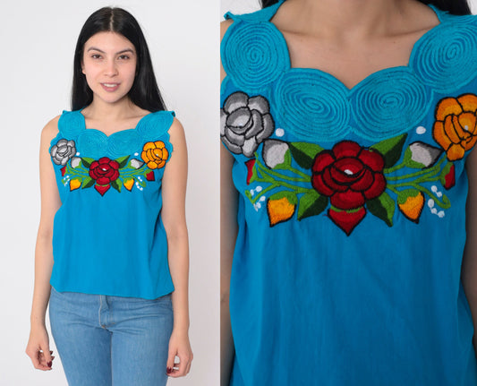 90s Mexican Embroidered Floral Tank Top Blue Scalloped Neckline Small