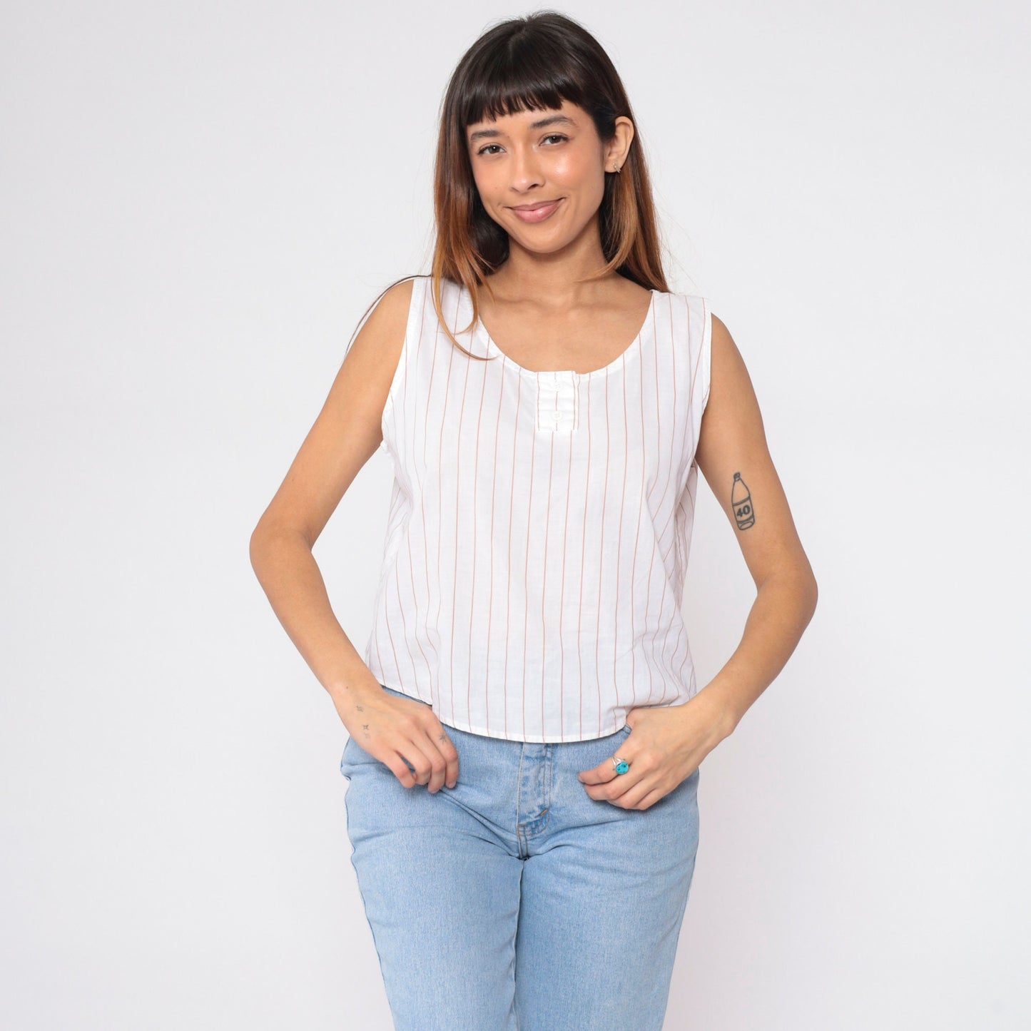 80s Striped Henley Tank Top White Tan Button-Up Scoop Neck Cotton Medium
