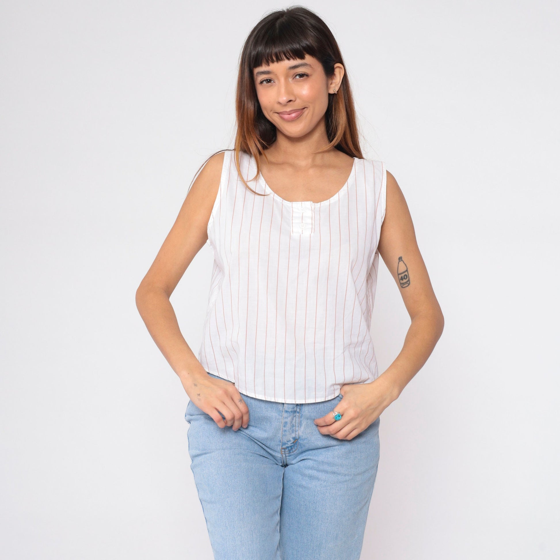80s Striped Henley Tank Top White Tan Button-Up Scoop Neck Cotton Medium