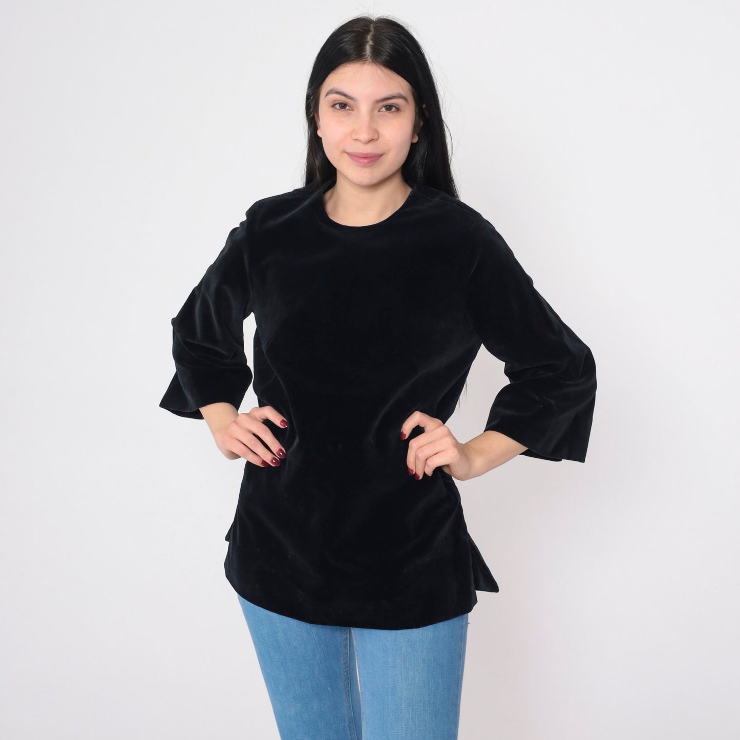 60s Black Velvet Blouse 3/4 Sleeve Rear Zip Medium