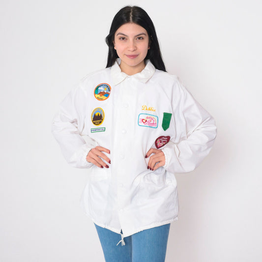 90s Girl Scout Leader White Snap Jacket Debbie Patch Nylon Large L