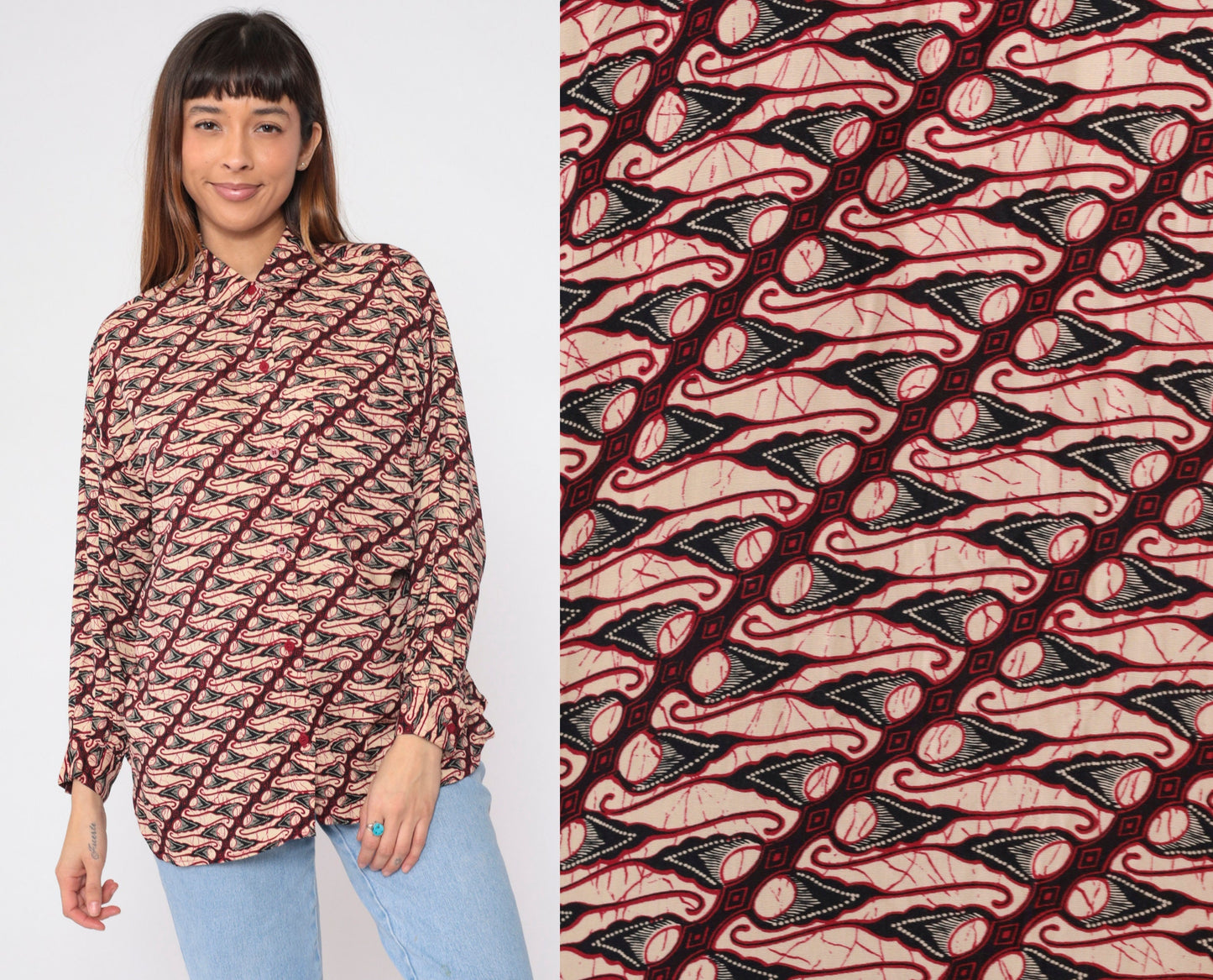 90s Geometric Abstract Button Up Blouse Red Tan Patterned Medium