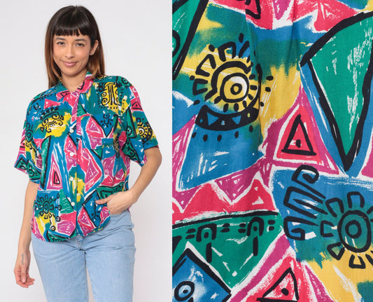 90s Blue Rose Geometric Celestial Print Button Up Shirt Large