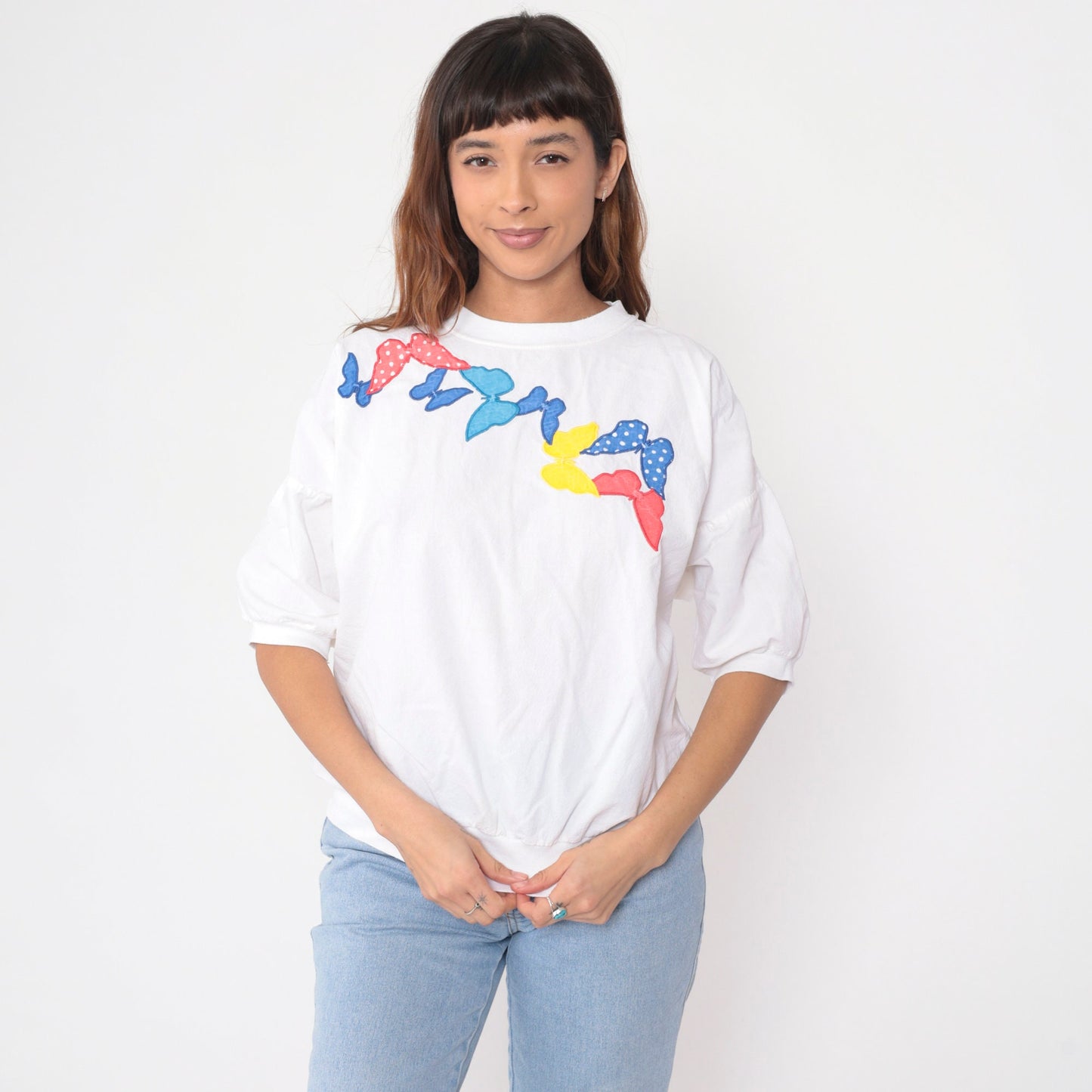 90s Butterfly Applique White Cotton T-Shirt Short Sleeve Banded Hem Large L