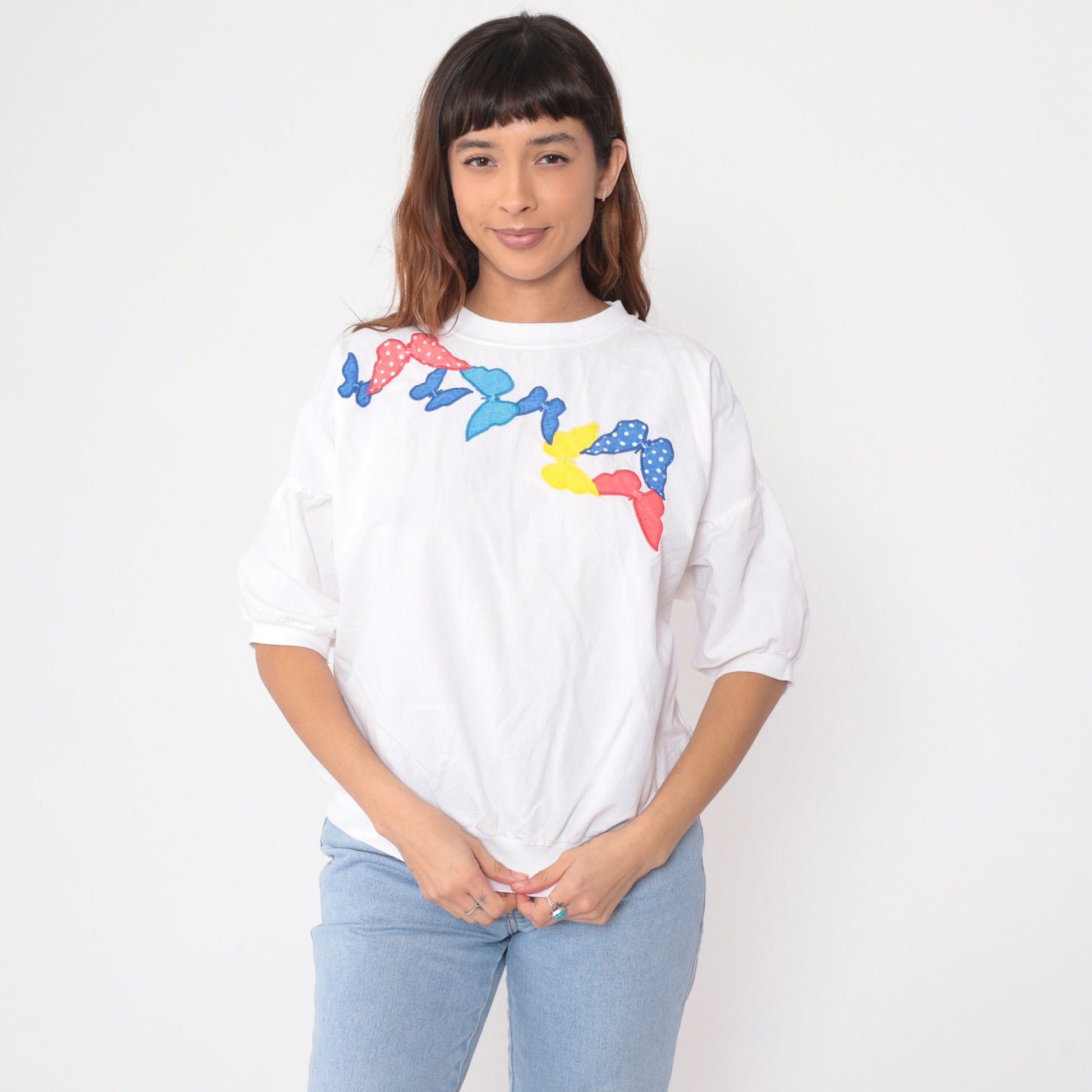 90s Butterfly Applique White Cotton T-Shirt Short Sleeve Banded Hem Large L