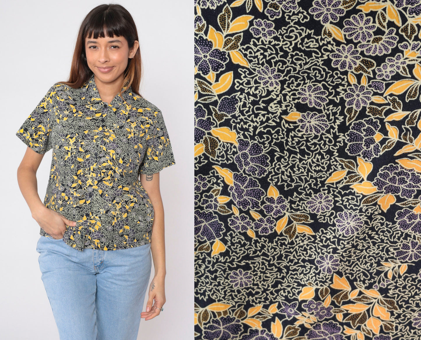 90s Black Floral Button-Up Blouse Yellow Purple Print Short Sleeve Small