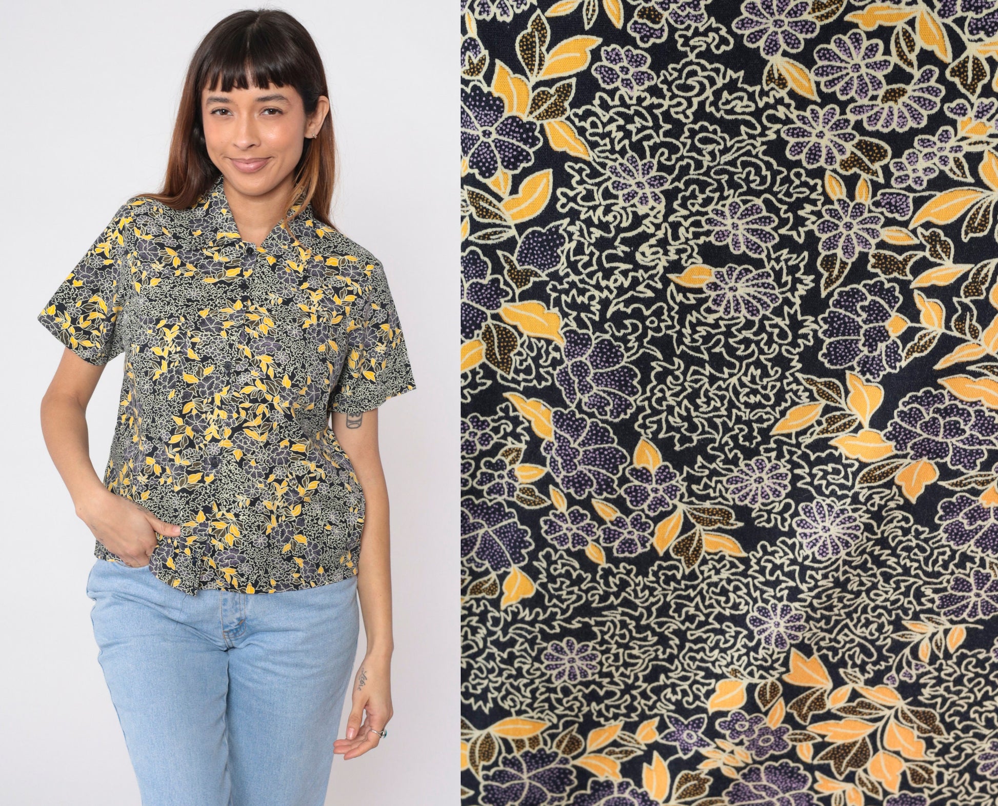 90s Black Floral Button-Up Blouse Yellow Purple Print Short Sleeve Small