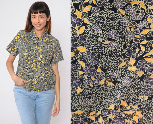 90s Black Floral Button-Up Blouse Yellow Purple Print Short Sleeve Small