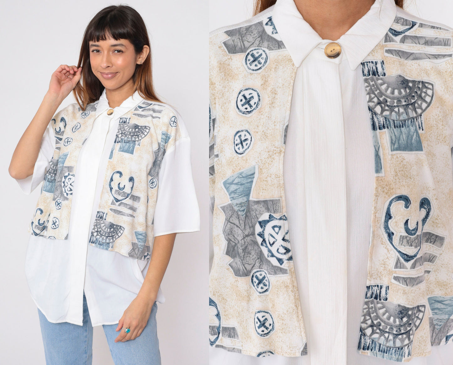 90s Geometric Button Up Shirt White Attached Vest Half Sleeve Extra Large XXL