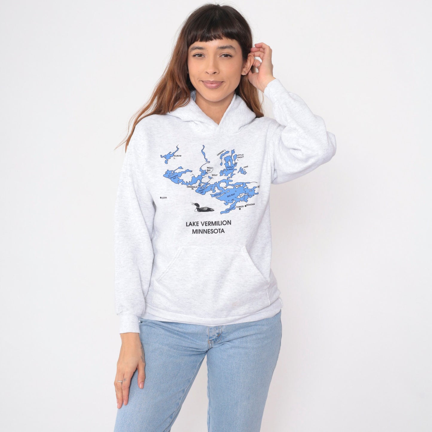 Y2K Lake Vermilion Minnesota Loon Hoodie Heather Grey Extra Small