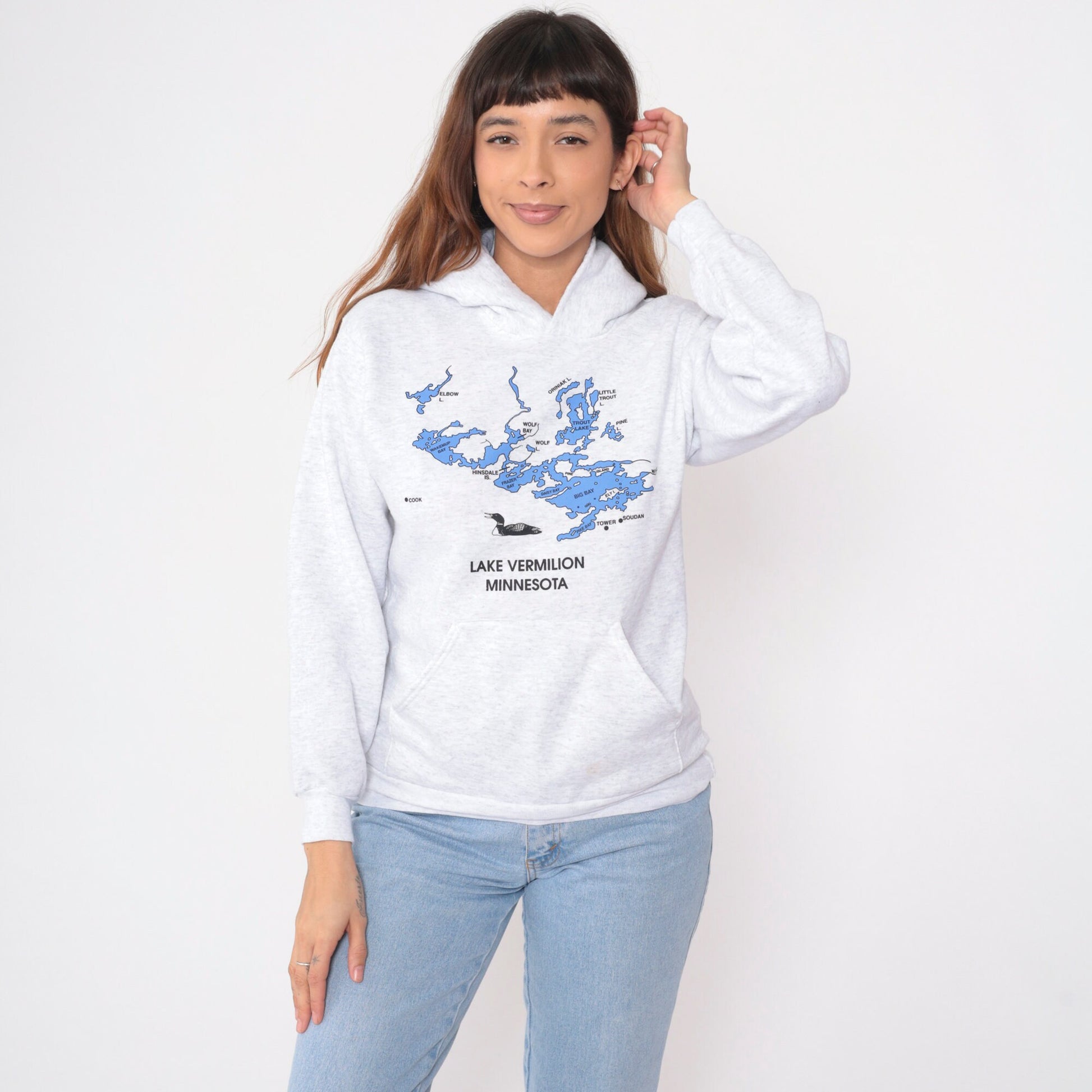 Y2K Lake Vermilion Minnesota Loon Hoodie Heather Grey Extra Small