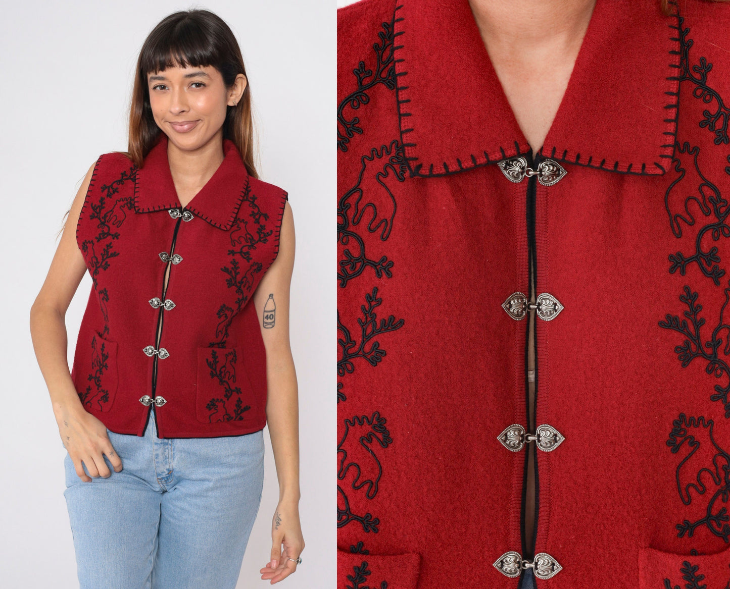 90s Woolrich Moose Wool Vest Red Black Soutache Silver Clasp Medium M