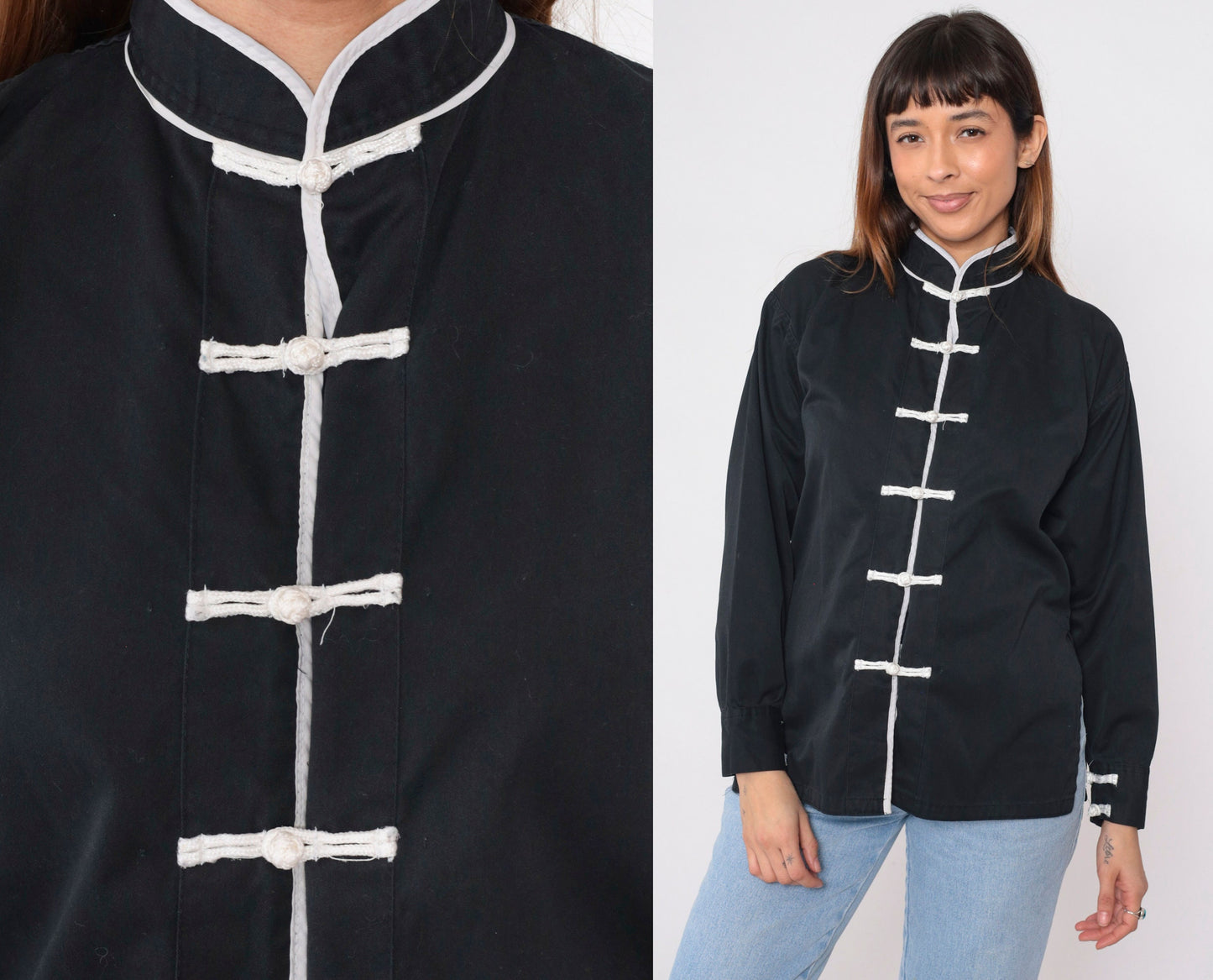 90s Black Button-Up Blouse with White Trim and Frog Knot Closure Small S