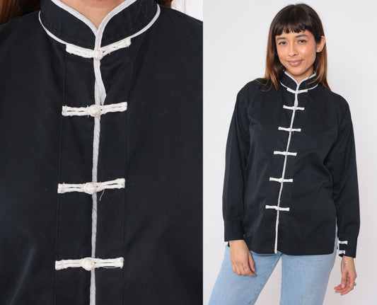 90s Black Button-Up Blouse with White Trim and Frog Knot Closure Small S
