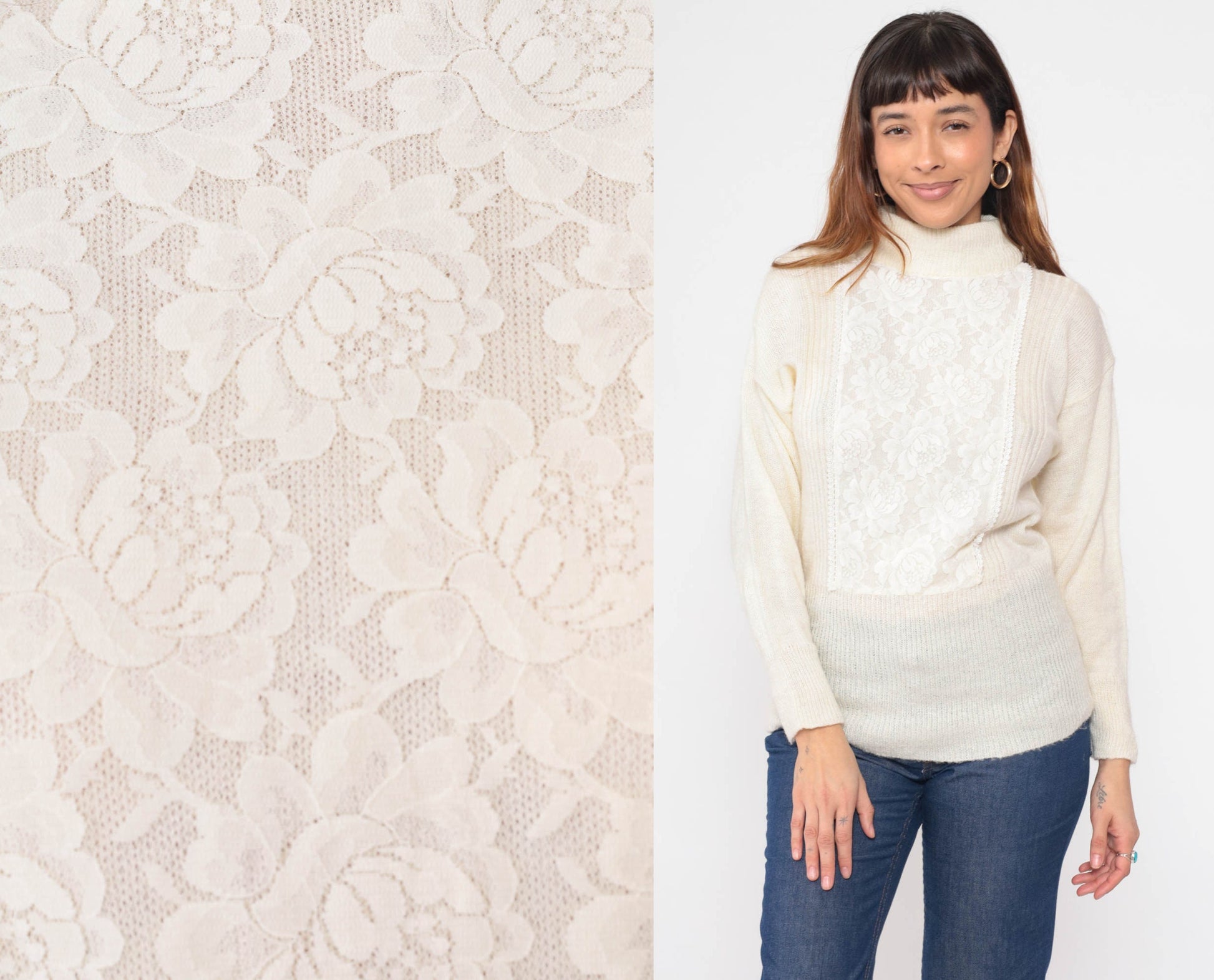 70s Jack Winter Cream Lace Mock Neck Sweater Knit Pullover Extra Small