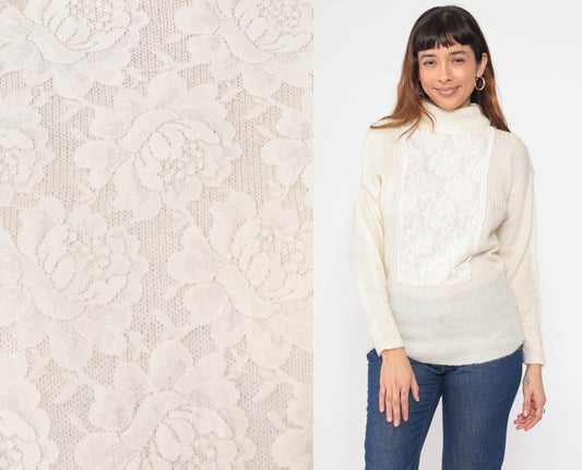 70s Jack Winter Cream Lace Mock Neck Sweater Knit Pullover Extra Small