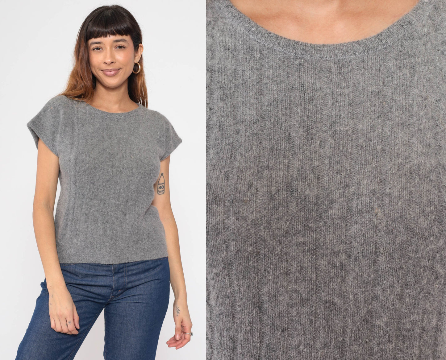 80s Grey Lambswool Angora Cap Sleeve Knit Sweater Top Small S