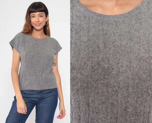 80s Grey Lambswool Angora Cap Sleeve Knit Sweater Top Small S