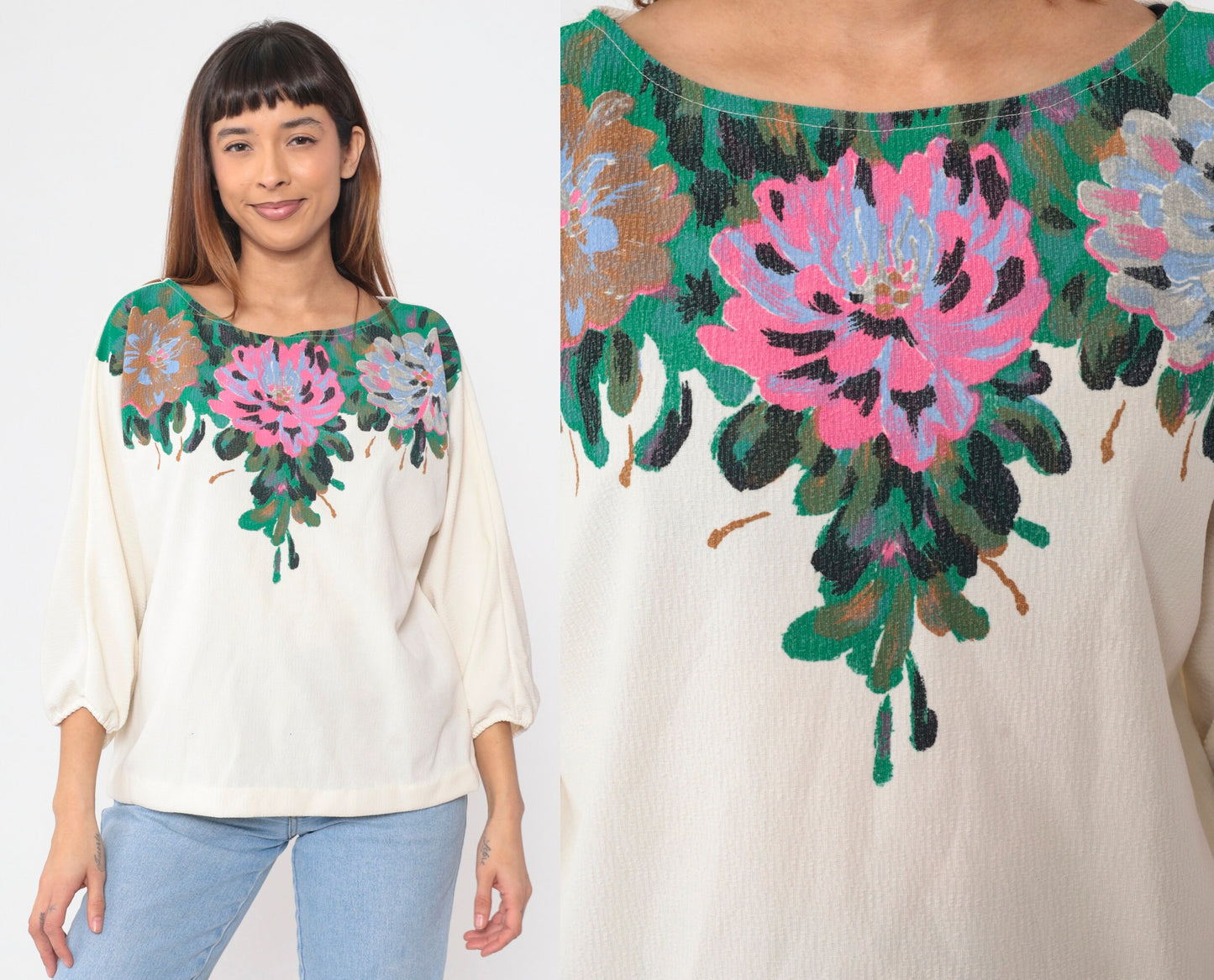 80s Cream Floral Peasant Blouse 3/4 Balloon Sleeve Painted Flower Print Large