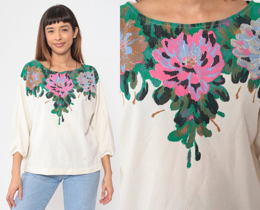 80s Cream Floral Peasant Blouse 3/4 Balloon Sleeve Painted Flower Print Large