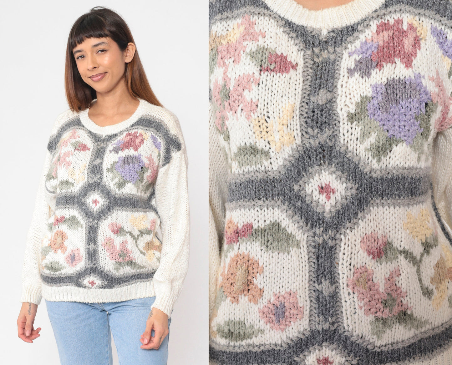 80s White Floral Knit Pullover Sweater Cotton Ramie Small S