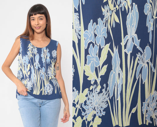 90s Blue Iris Floral Tank Top Sleeveless Blouse Extra Large XXL