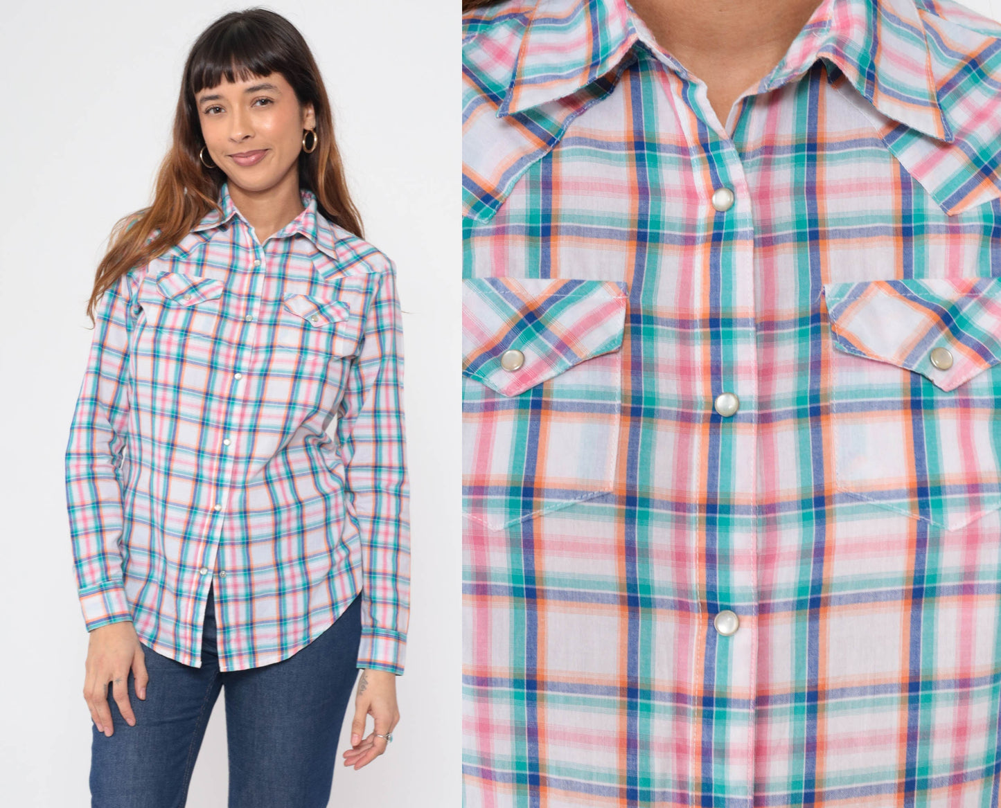 90s Wrangler Western Shirt Pearl Snap Plaid White Blue Pink Small Petite