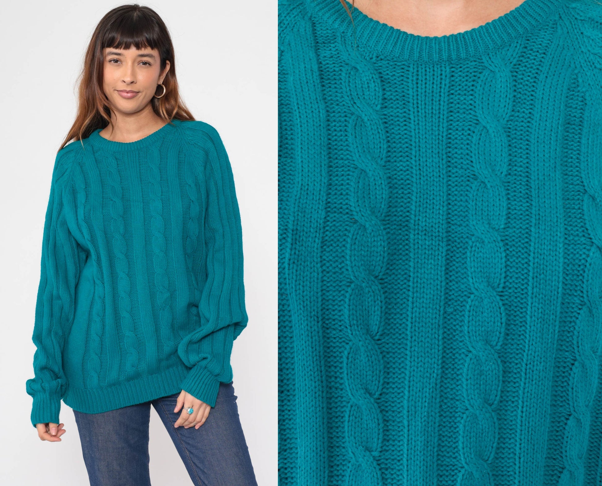 80s Wrangler Teal Cable Knit Crewneck Sweater Raglan Sleeve Medium