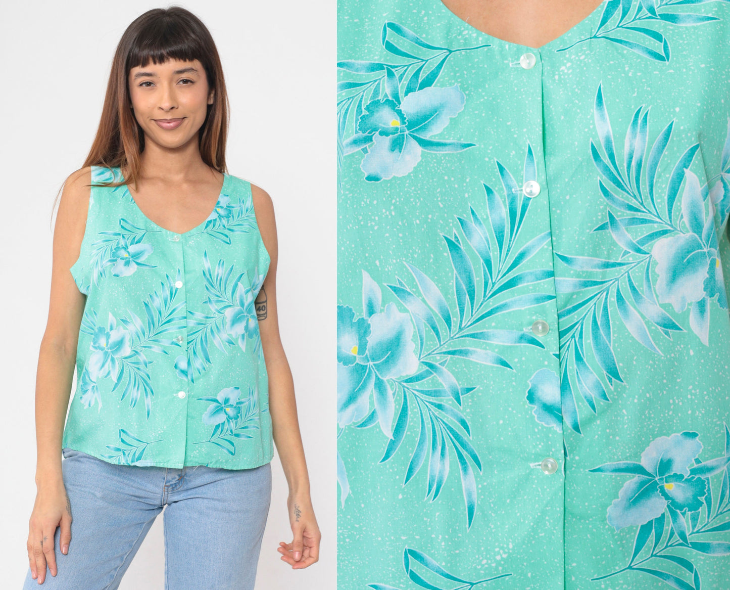80s Tropical Floral Button-Up Tank Top Turquoise Green Orchid Leaf Print Large