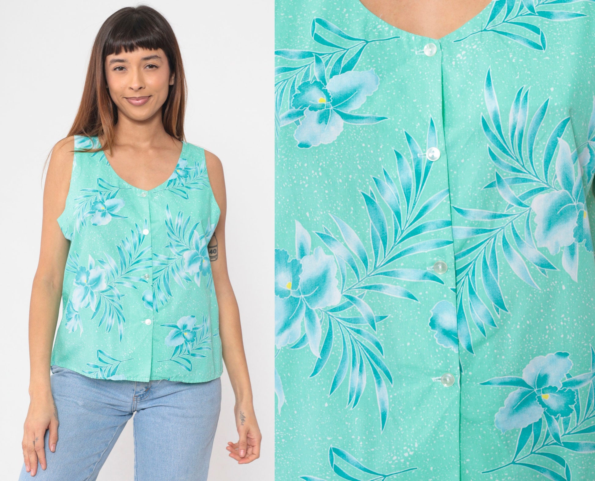 80s Tropical Floral Button-Up Tank Top Turquoise Green Orchid Leaf Print Large