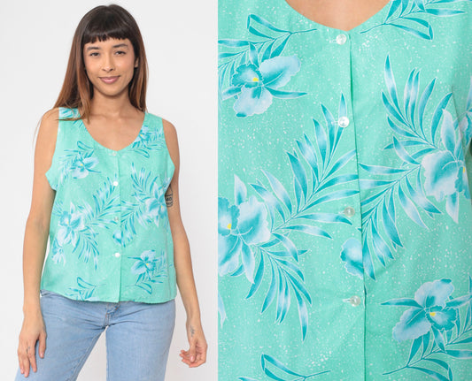 80s Tropical Floral Button-Up Tank Top Turquoise Green Orchid Leaf Print Large