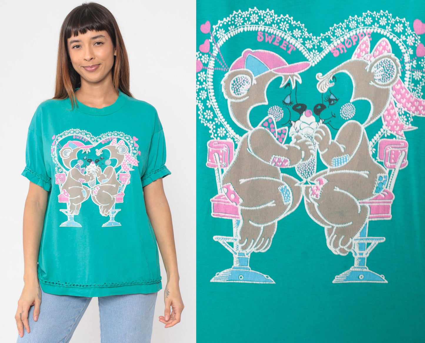 90s Bears in Love Ice Cream Graphic T-Shirt Teal Braided Trim Extra Large XL