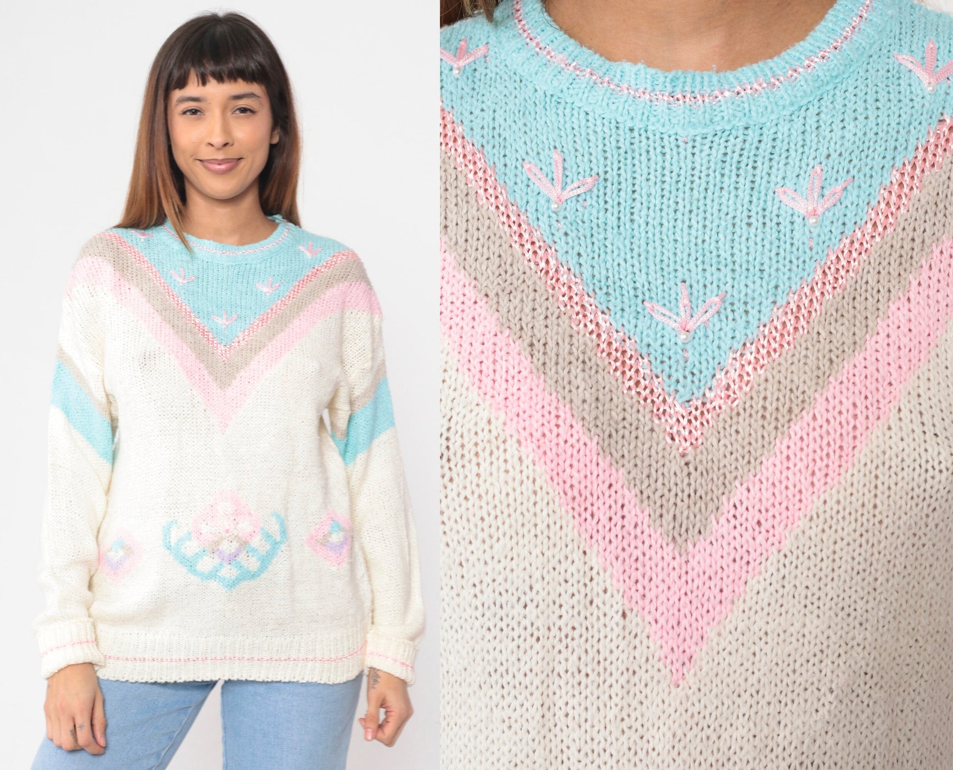 80s Mister Noah Knit Sweater White Pastel Chevron Beaded Floral Embroidered Large