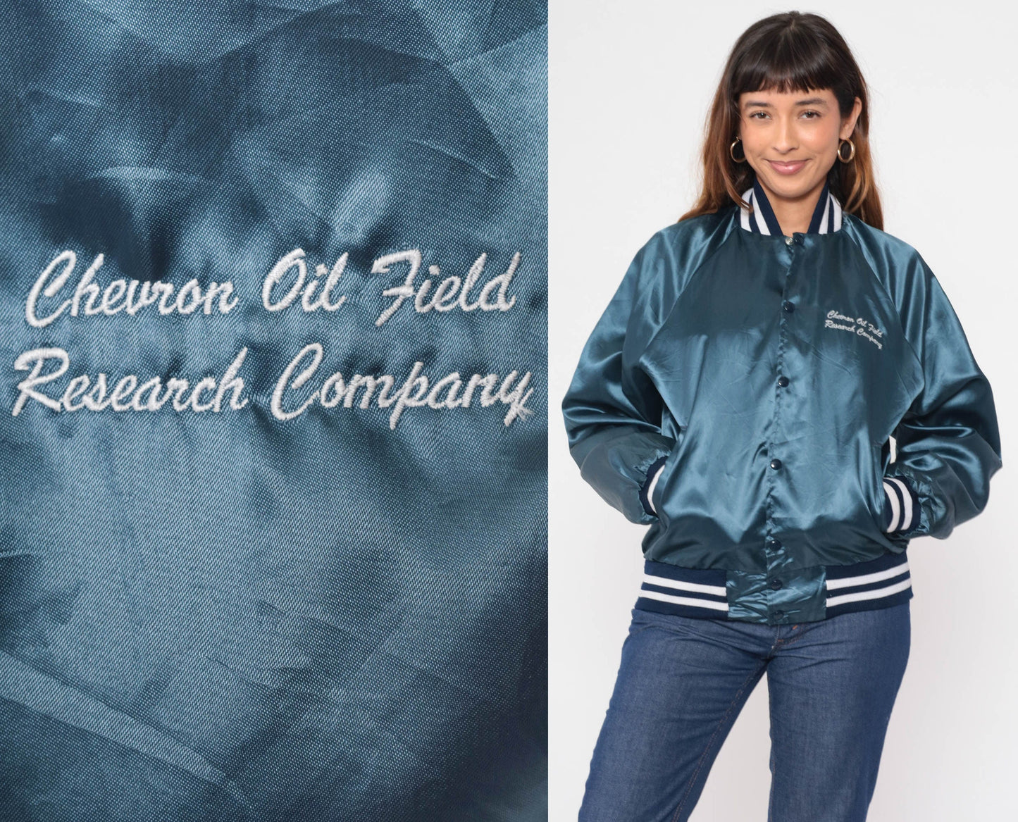 80s Chevron Oil Field Research Satin Bomber Jacket Blue Medium