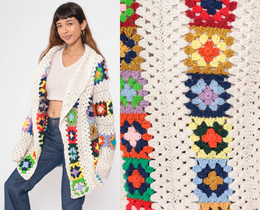 70s Crochet Cardigan Sweater Granny Square Afghan Knit Open Front Off-White Extra Large