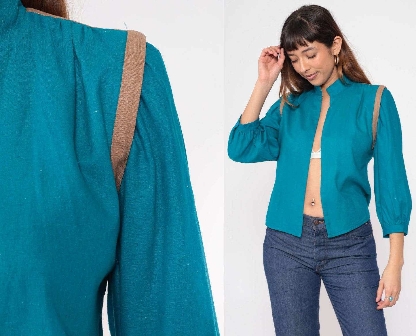 80s Teal Silk Noil Jacket Puff Sleeve Mandarin Collar Open Front Small