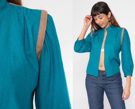 80s Teal Silk Noil Jacket Puff Sleeve Mandarin Collar Open Front Small