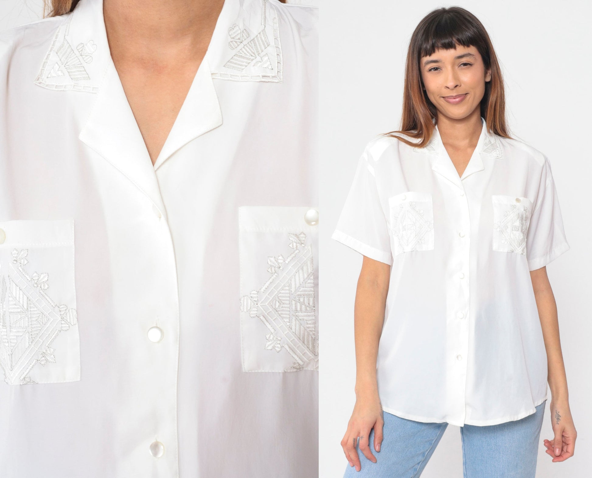 90s White Geometric Embroidered Button-Up Blouse Cutout Collar Short Sleeve Large L