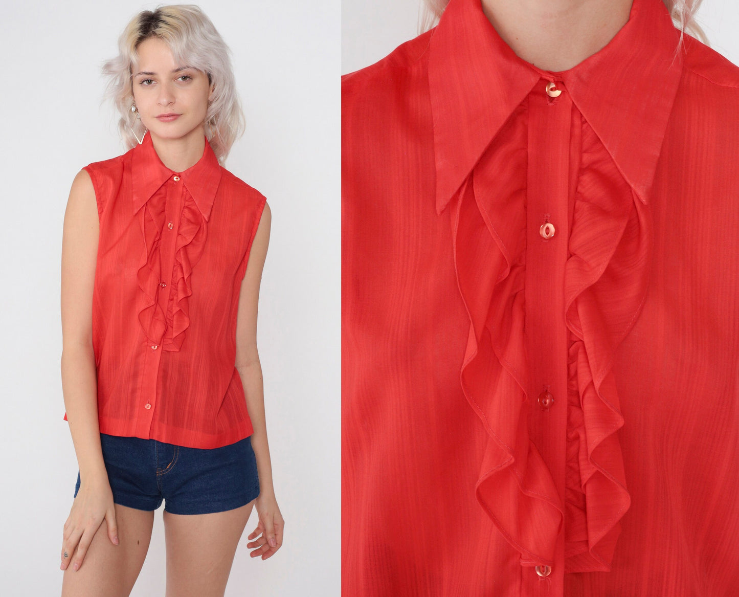 70s Red Striped Tank Top Dagger Collar Ruffle Front Button-Up Medium