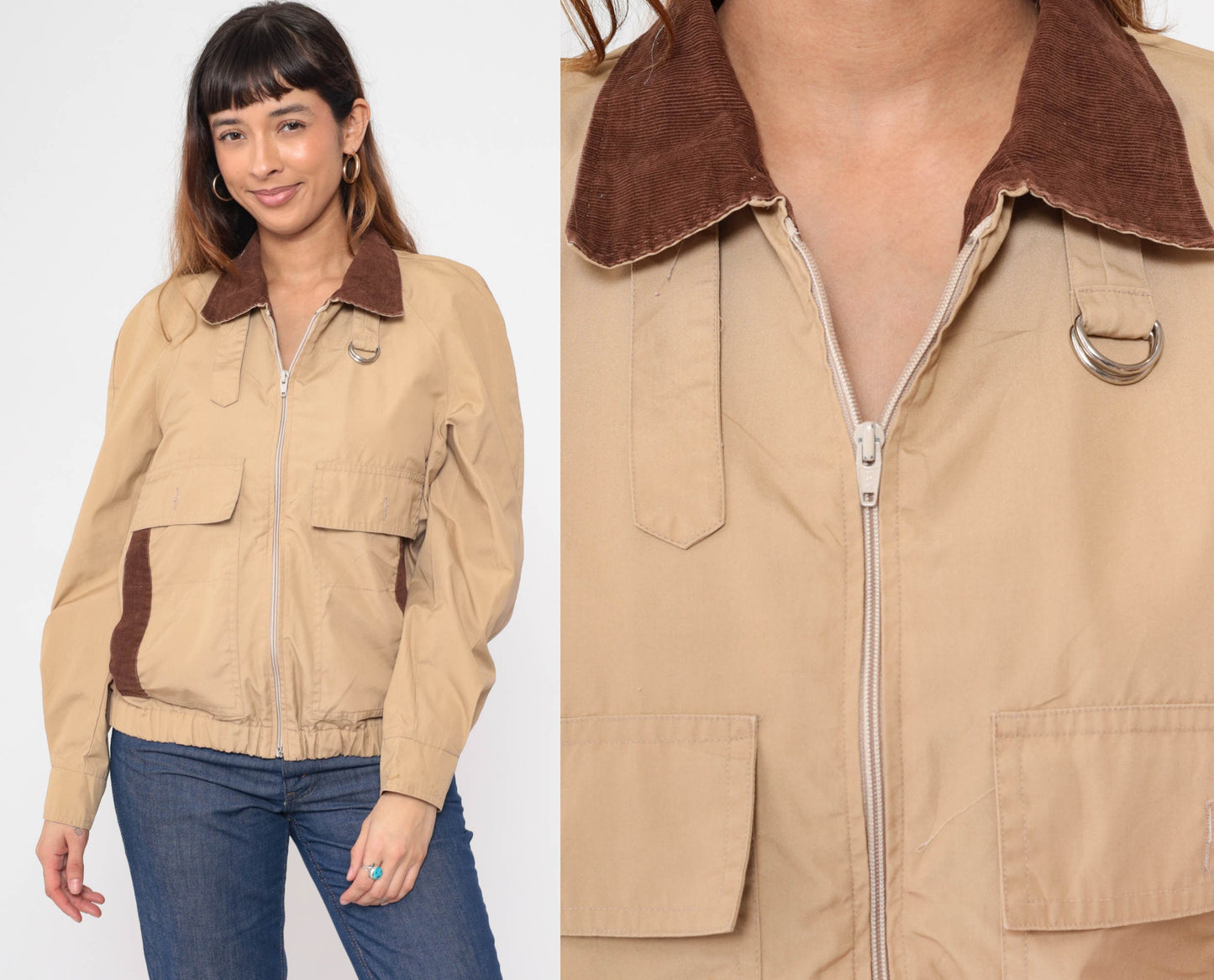 80s Tan Windbreaker Jacket Corduroy Collar Utility Pockets Zip Medium